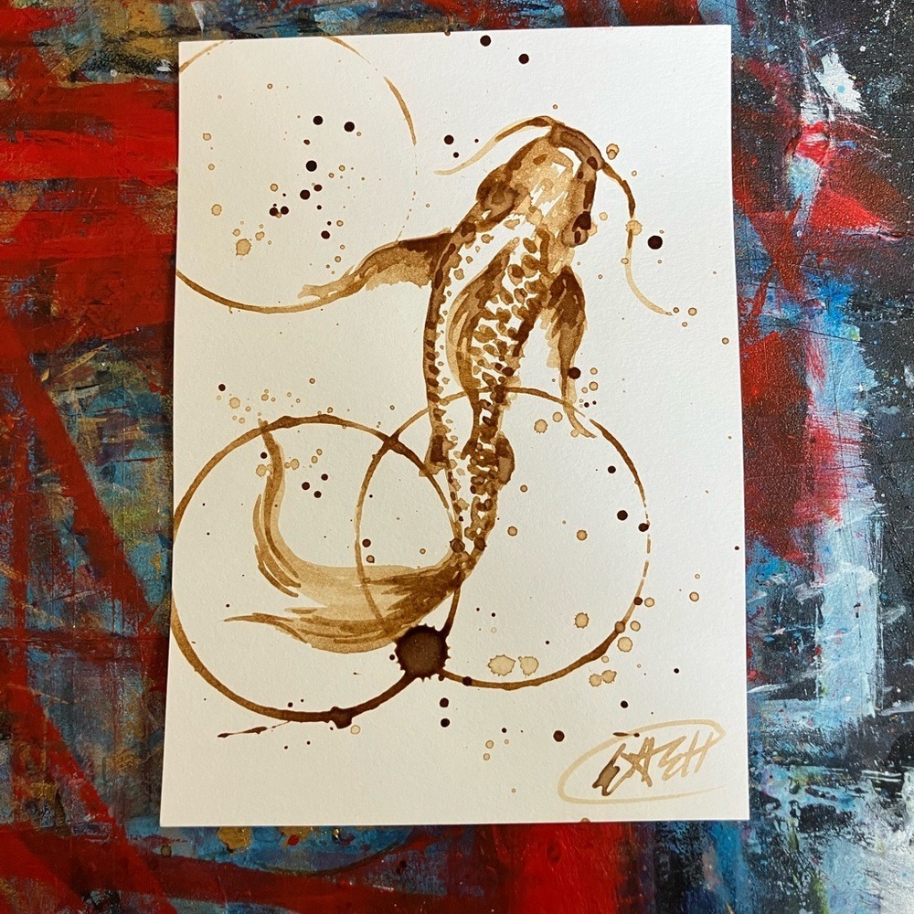 Original coffee painting Koi fish art artwork Java bistro decor artwork Ettina